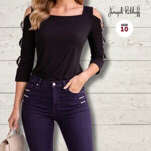 Joseph Ribkoff Black Cold Shoulder Top – Faux Diamond Detail | Size 10